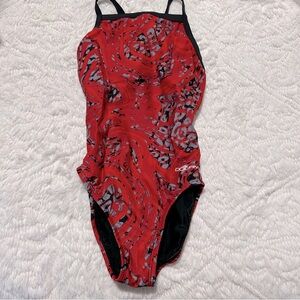 Dolfin One Piece Swimsuit Red & Black Swimming Vacation Beach Lap Suit Sz 24